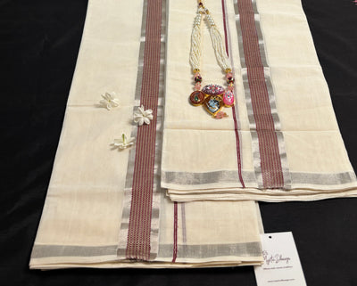 Pure Handloom Silver Rosegold and Maroon kasavu Set Mundu