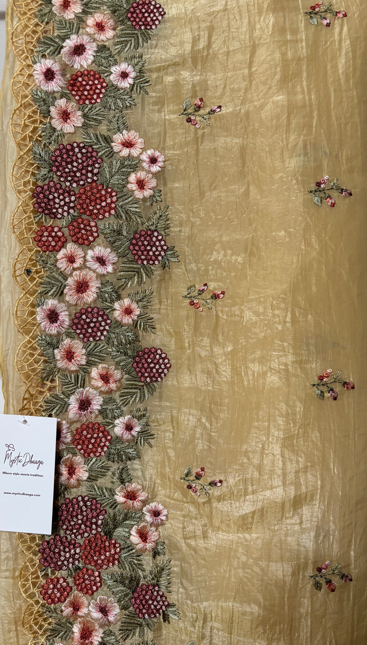 Yellow cutwork embroidered crush tissue organza saree and blouse set