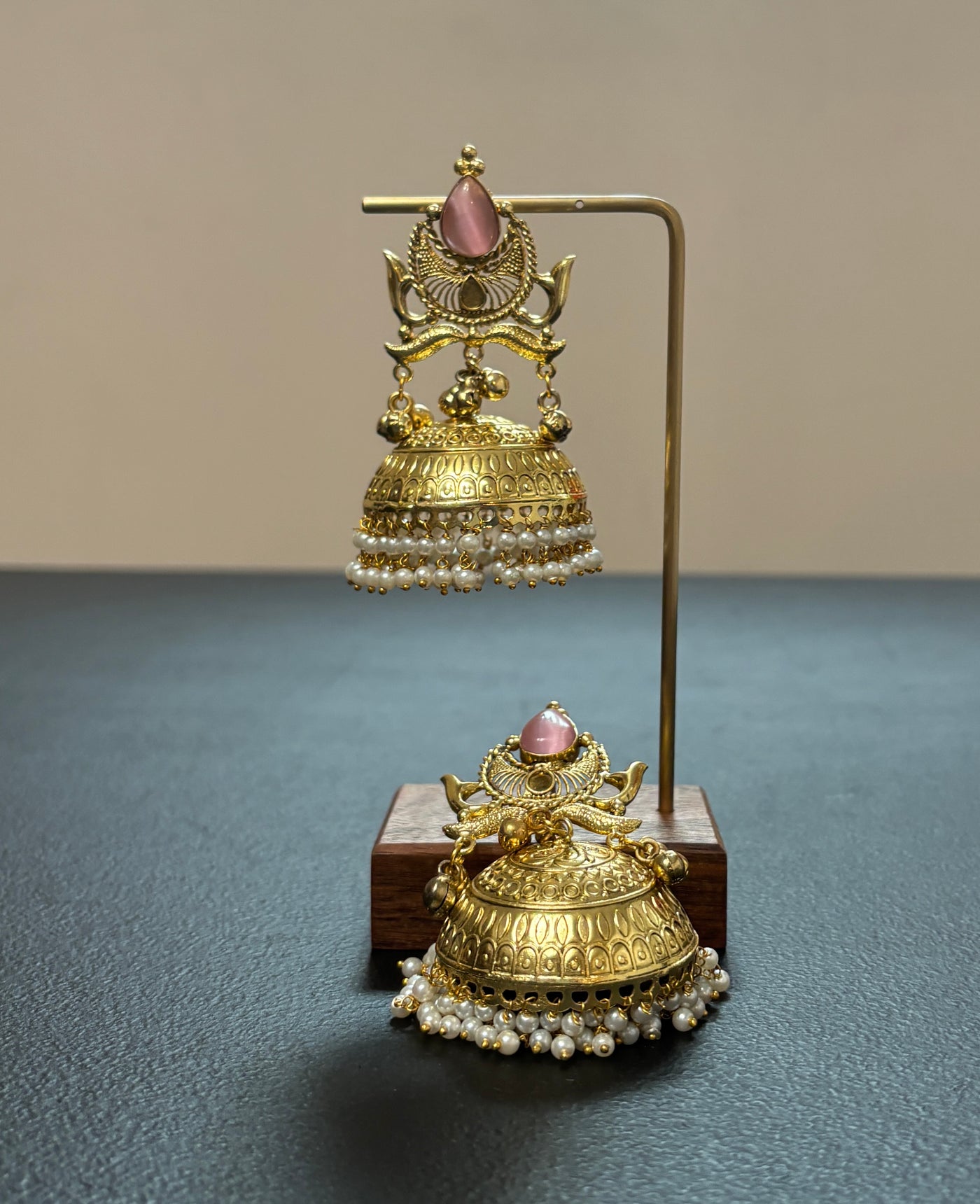 Golden Brass pink jhumkas