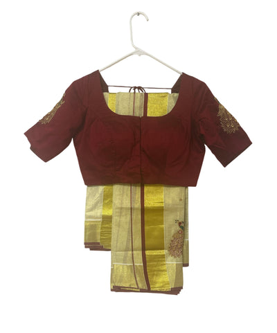 Gold with maroon border tissue aari work set mundu with blouse