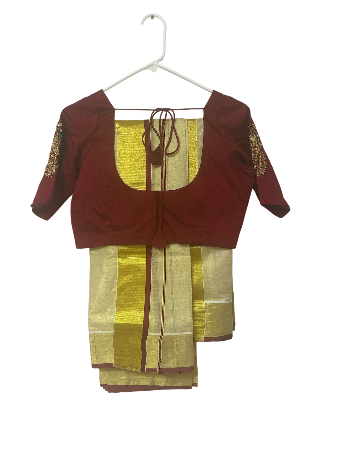 Gold with maroon border tissue aari work set mundu with blouse