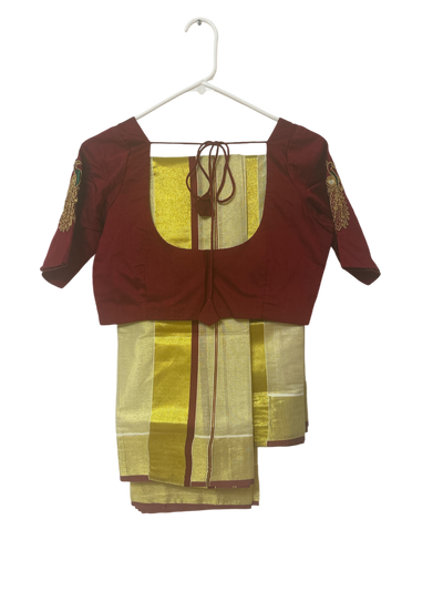 Gold with maroon border tissue aari work set mundu with blouse