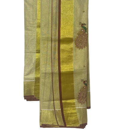 Gold with maroon border tissue aari work set mundu with blouse