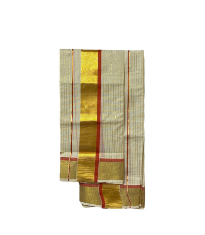 Rust Orange kara Gold Stripe Set Mundu