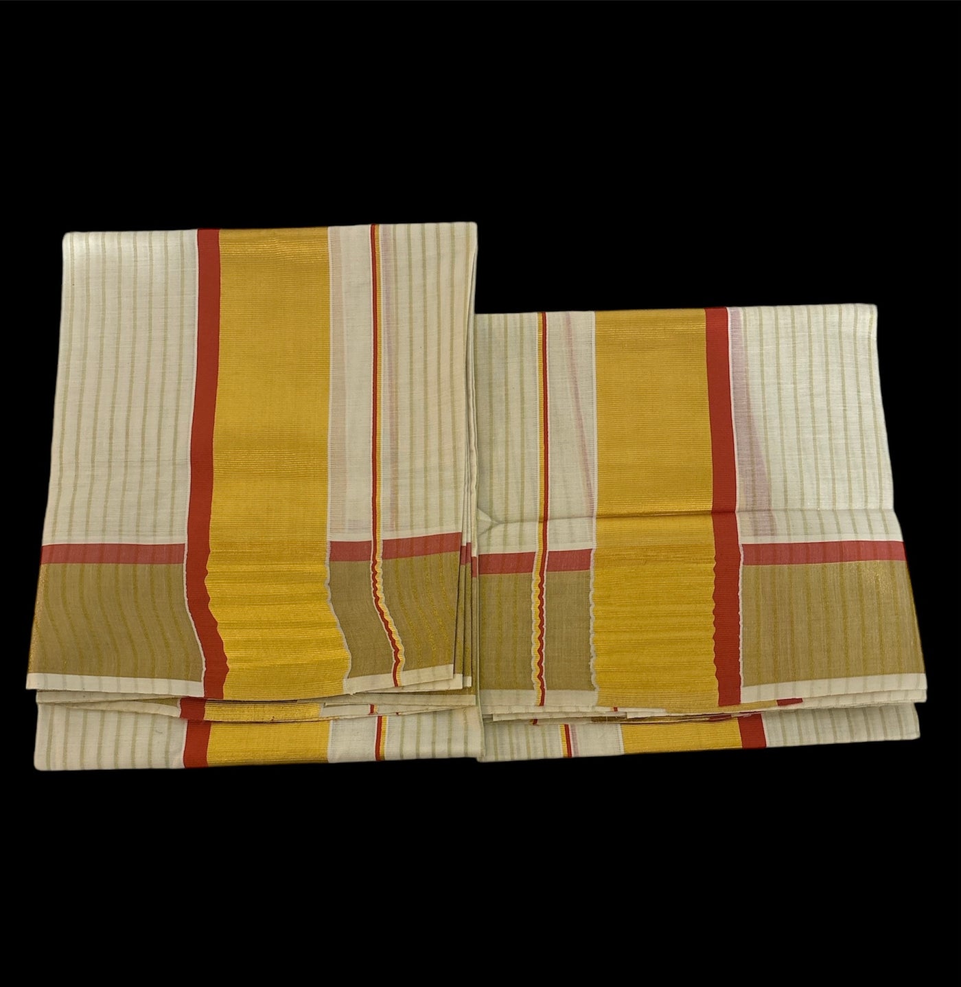 Rust Orange kara Gold Stripe Set Mundu