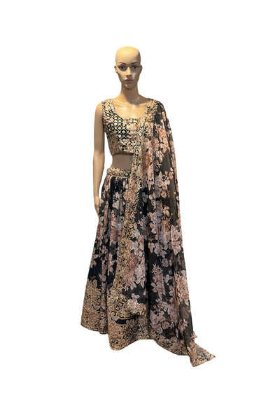 Black floral organza lehanga skirt with dupatta