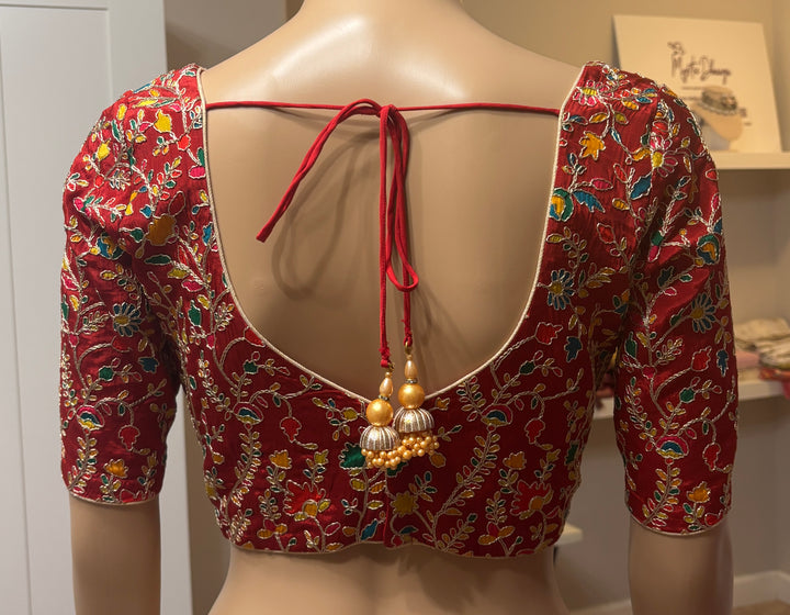 Red silk embroidered padded blouse