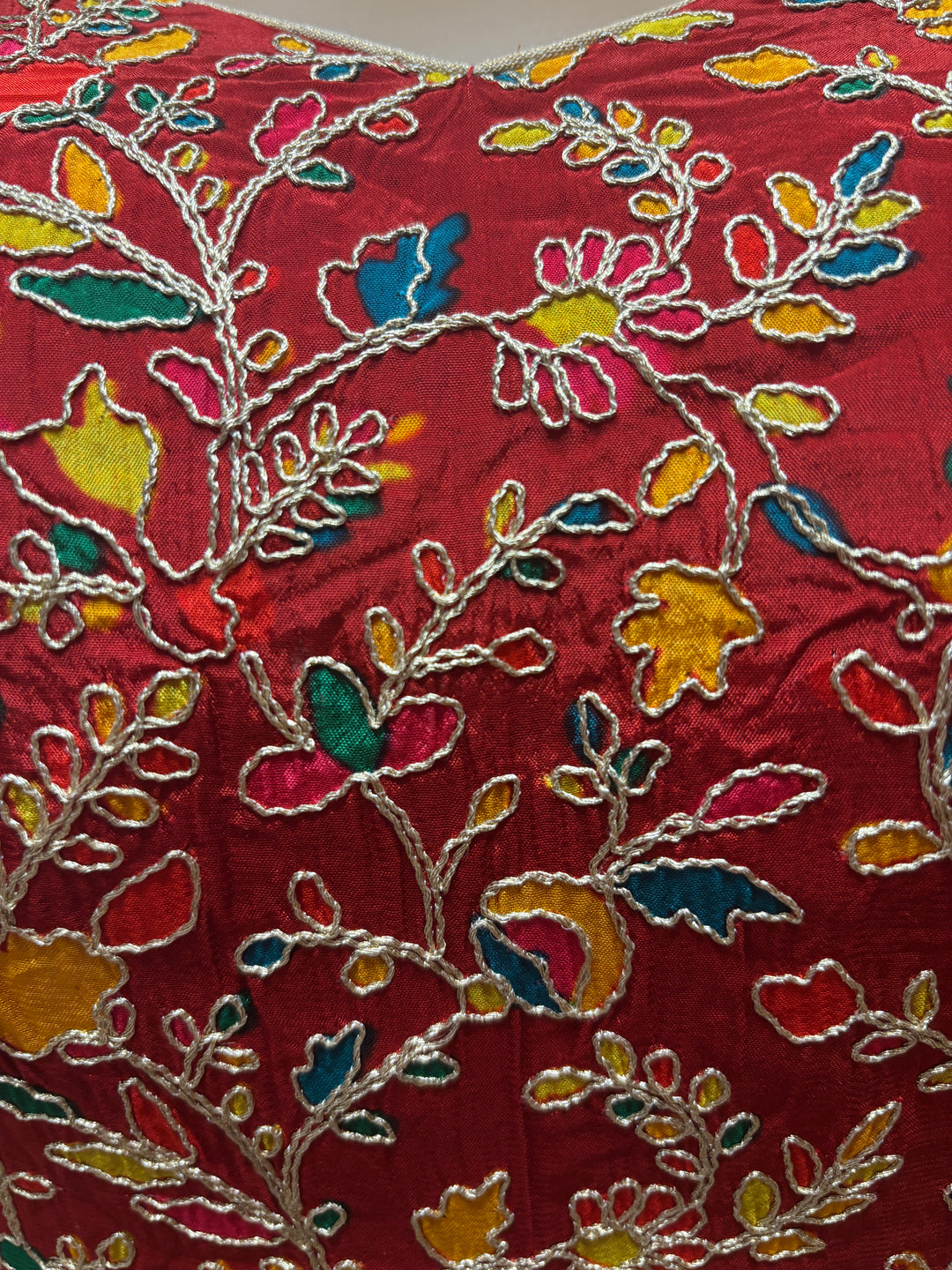 Red silk embroidered padded blouse