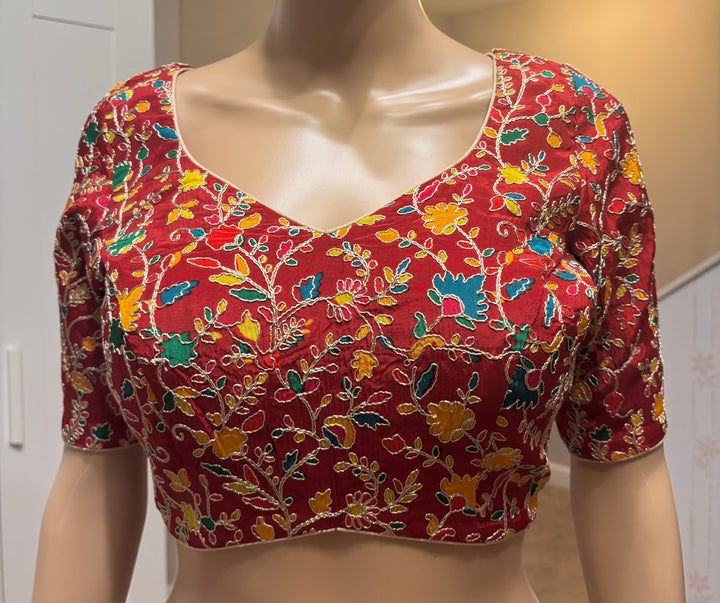 Red silk embroidered padded blouse
