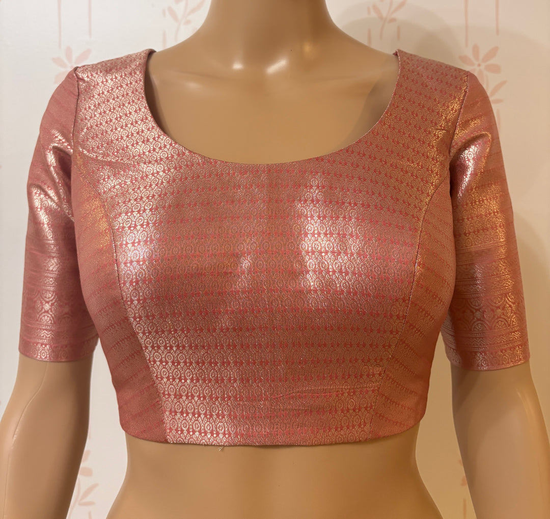 Peach pink silver banarasi silk saree and blouse set