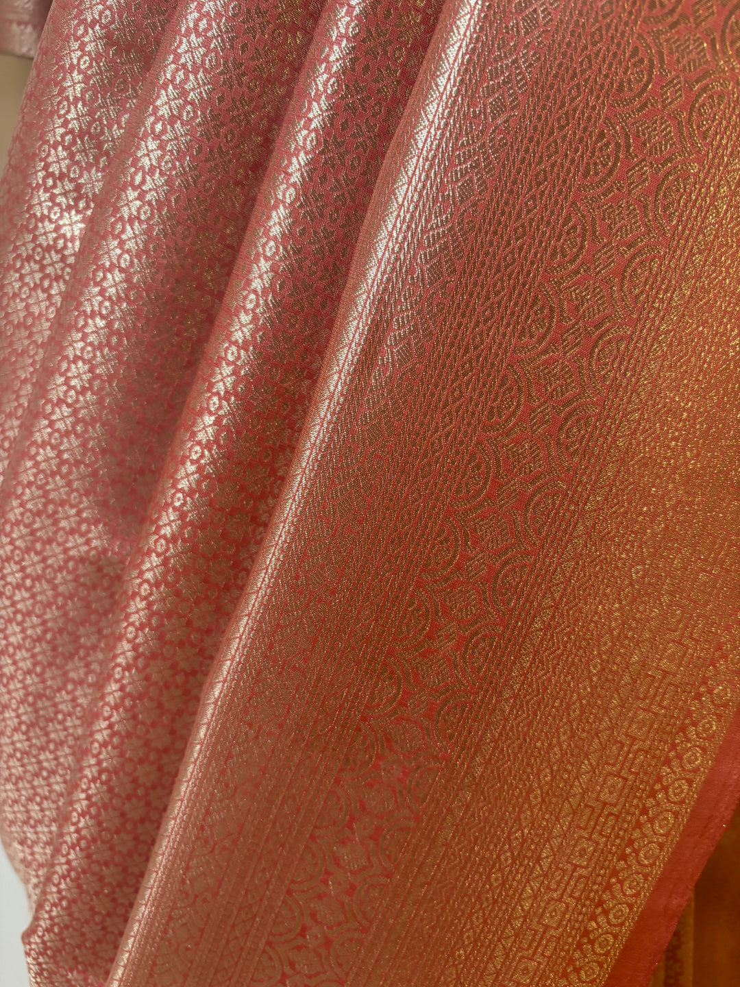 Peach pink silver banarasi silk saree and blouse set