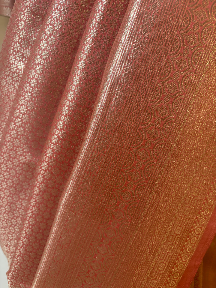 Peach pink silver banarasi silk saree and blouse set