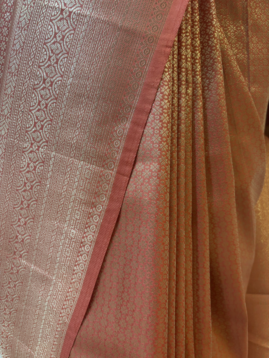 Peach pink silver banarasi silk saree and blouse set