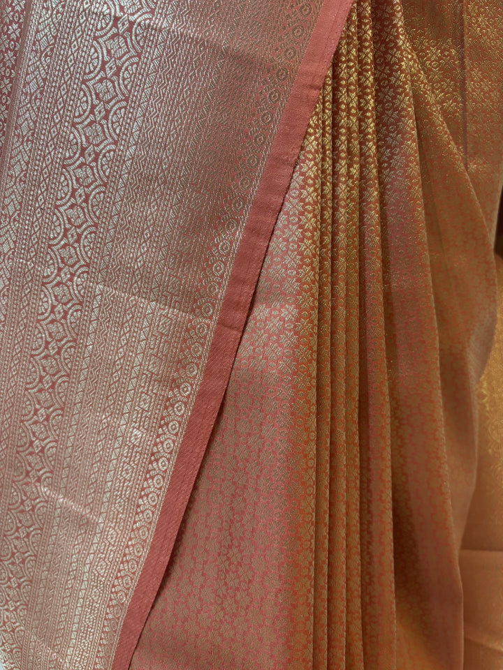 Peach pink silver banarasi silk saree and blouse set