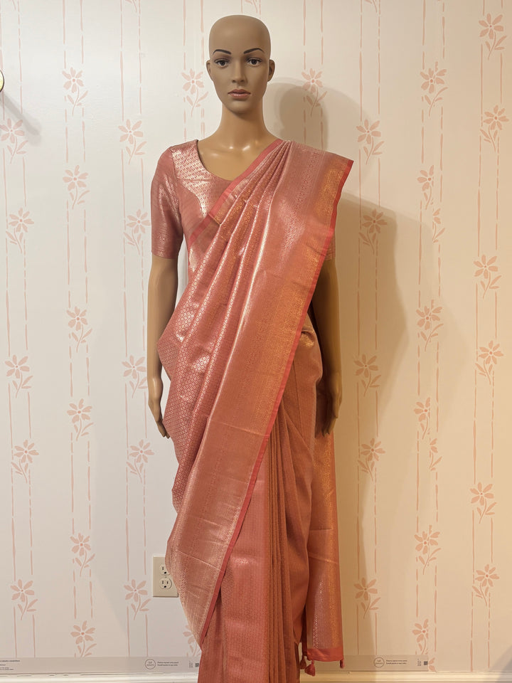 Peach pink silver banarasi silk saree and blouse set