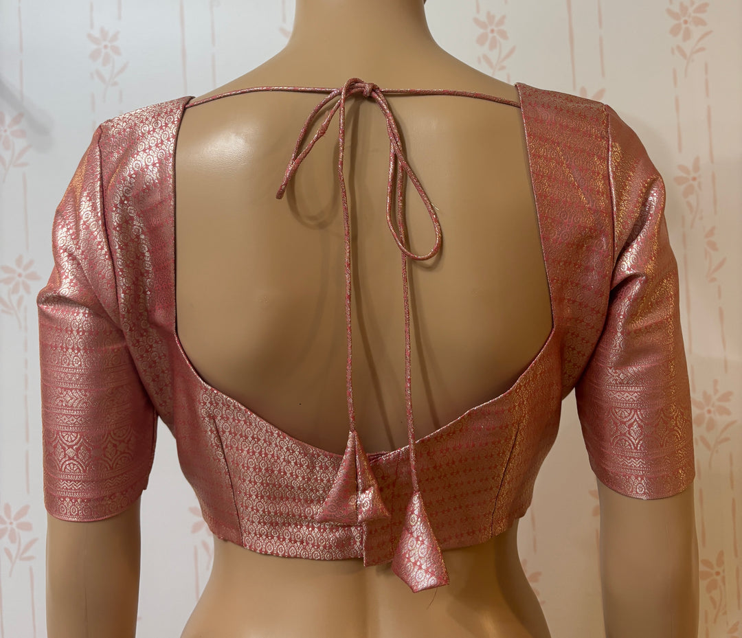 Peach pink silver banarasi silk saree and blouse set