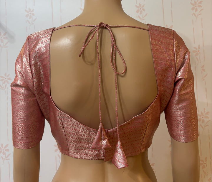 Peach pink silver banarasi silk saree and blouse set