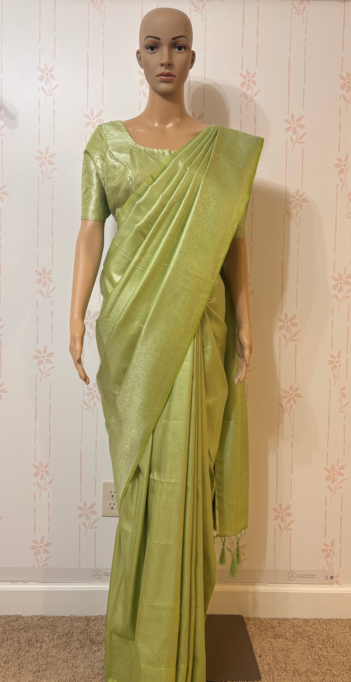 Lime green silver banarasi silk saree and blouse set