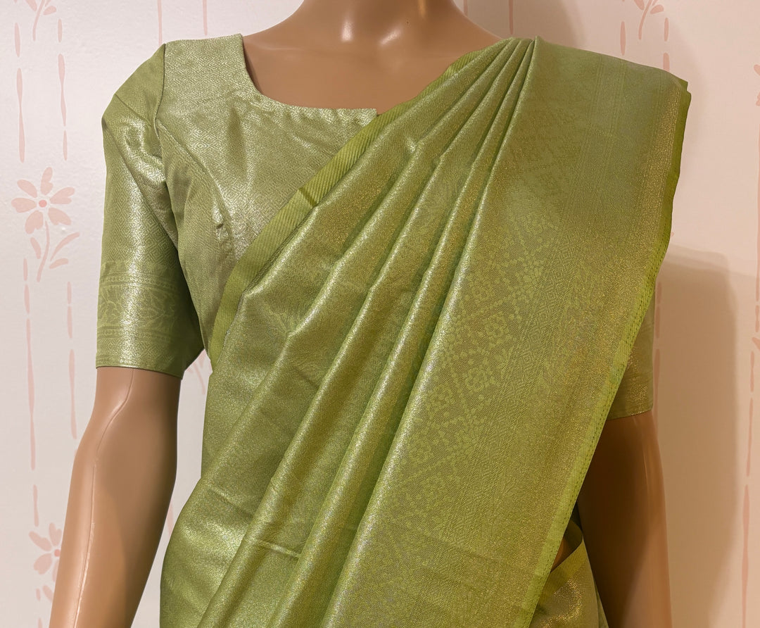 Lime green silver banarasi silk saree and blouse set