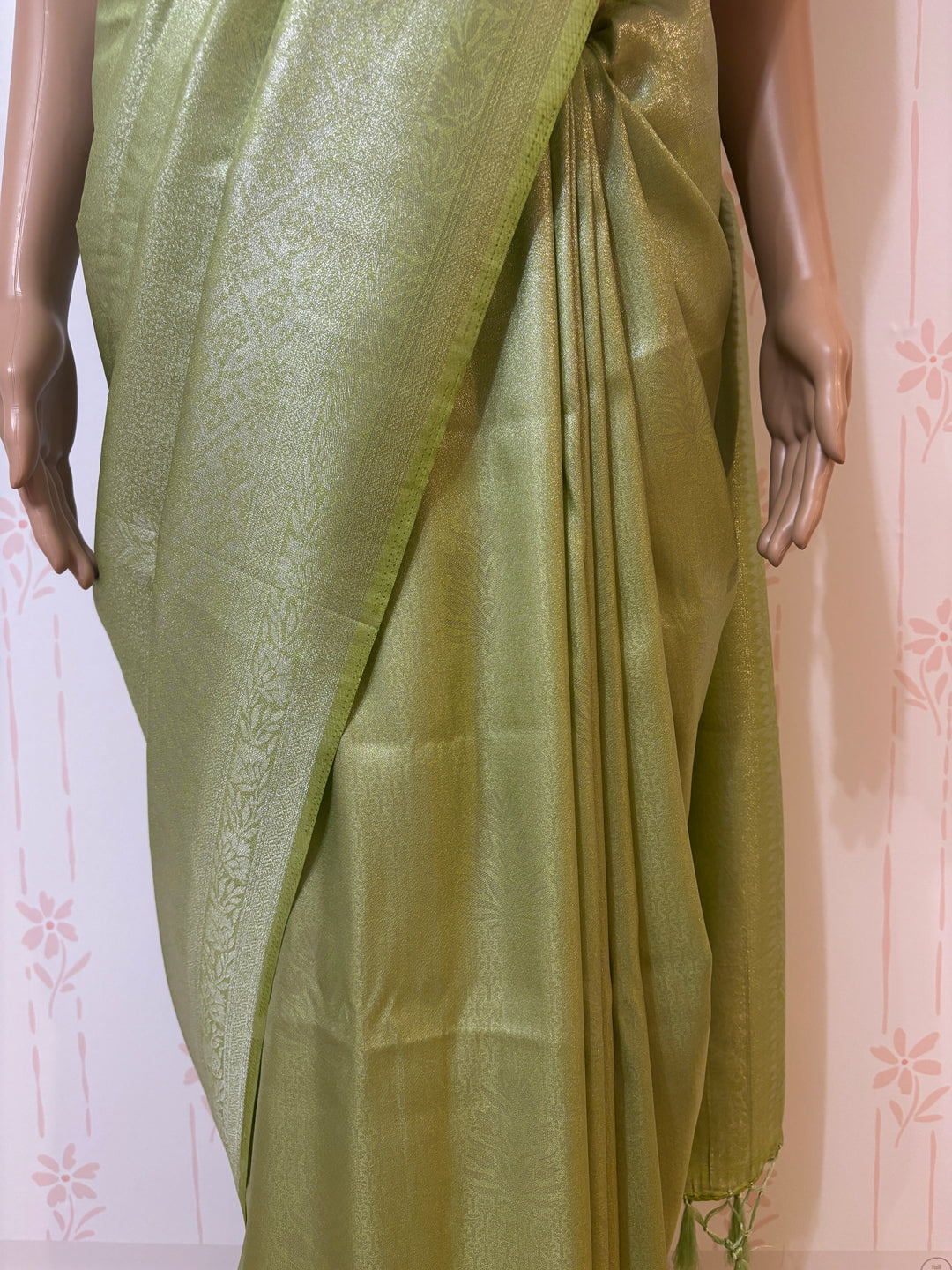 Lime green silver banarasi silk saree and blouse set