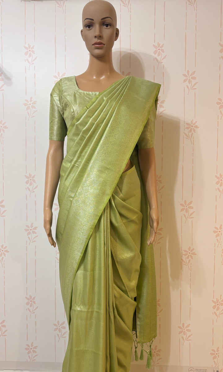 Lime green silver banarasi silk saree and blouse set