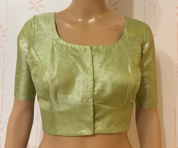 Lime green silver banarasi silk saree and blouse set