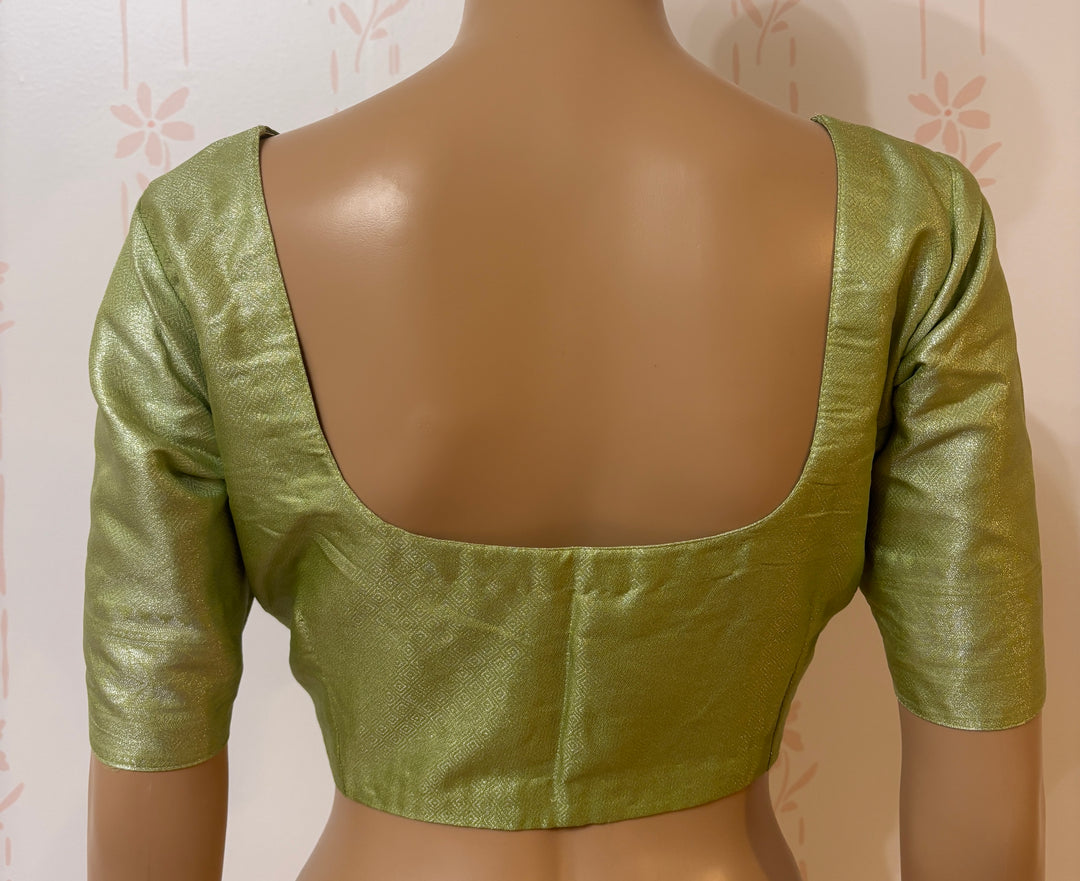 Lime green silver banarasi silk saree and blouse set