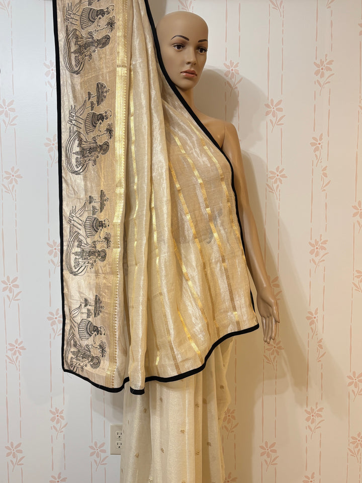 Cream and gold zari tissue saree