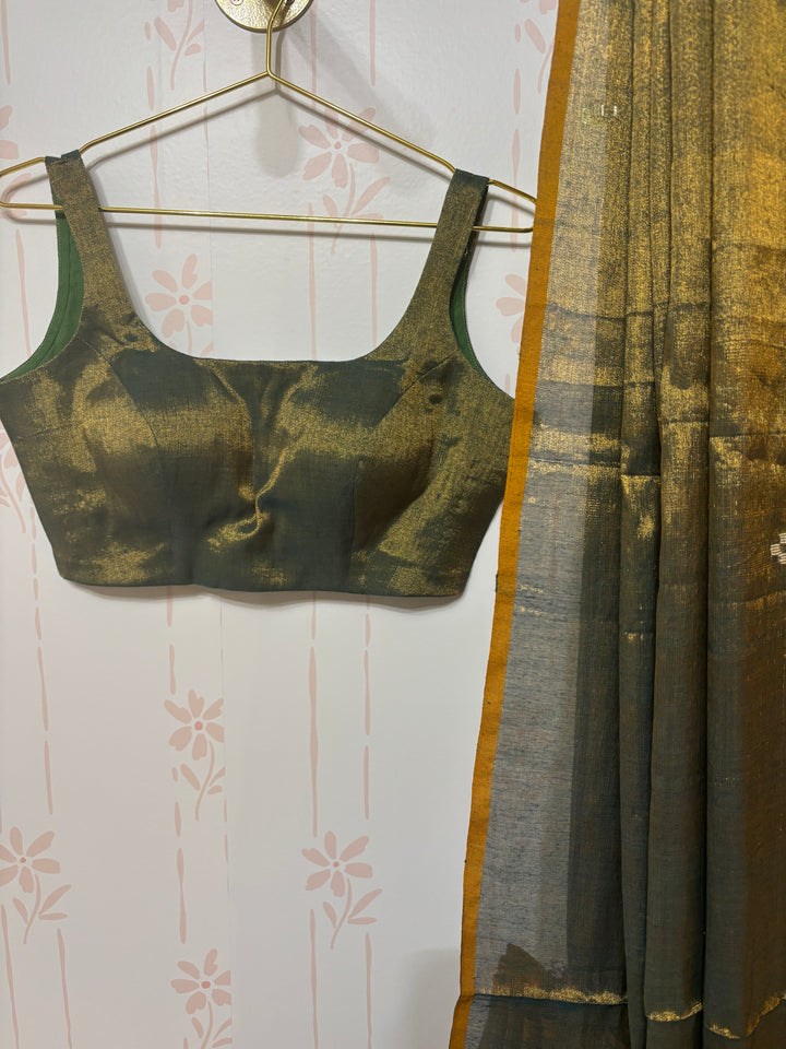 Greenish gold modal tissue saree and blouse set