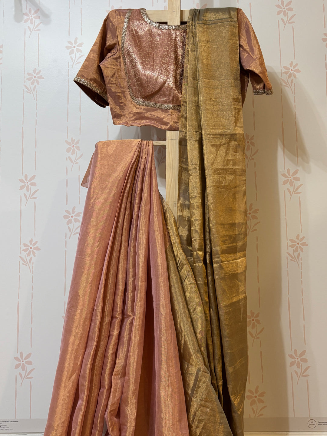 Pink/Gold Chanderi tissue Saree and Blouse Set