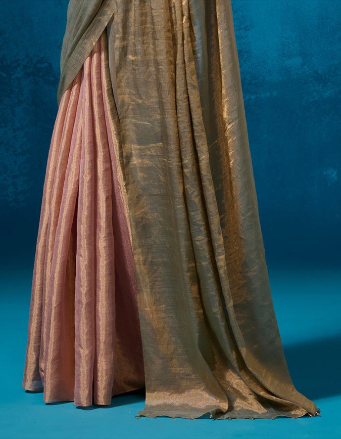 Pink/Gold Chanderi tissue Saree and Blouse Set