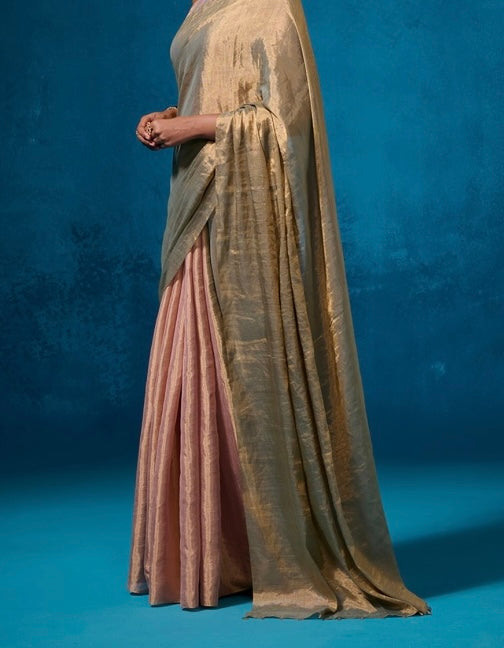 Pink/Gold half and half Chanderi tissue Saree
