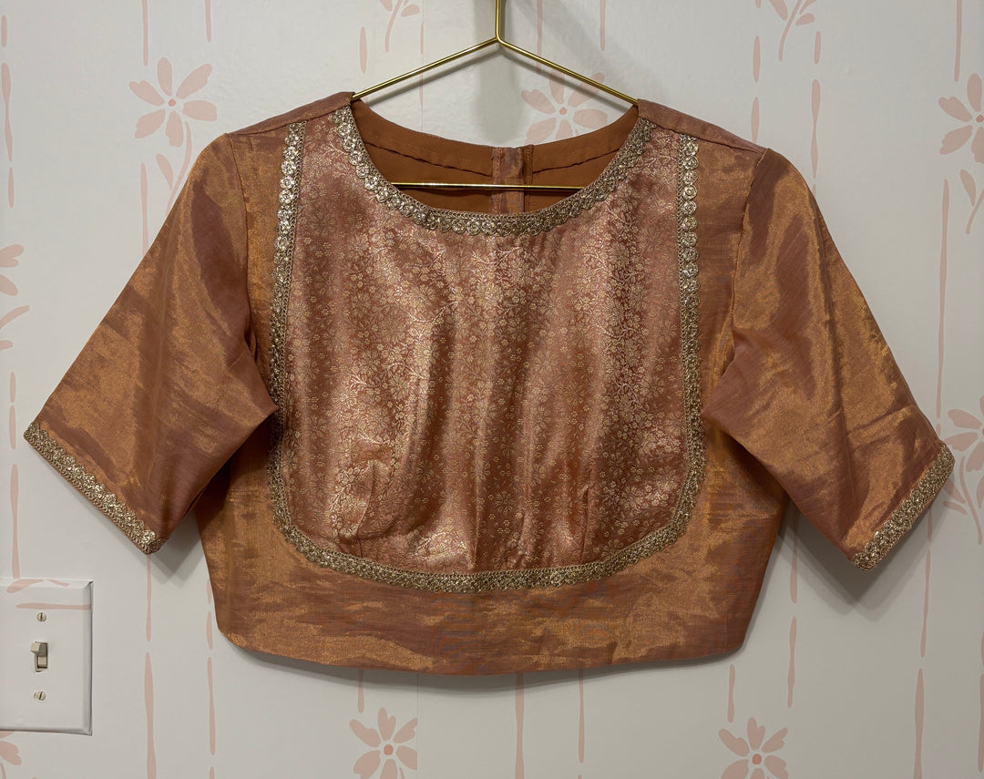 Pink/Gold Chanderi tissue Saree and Blouse Set