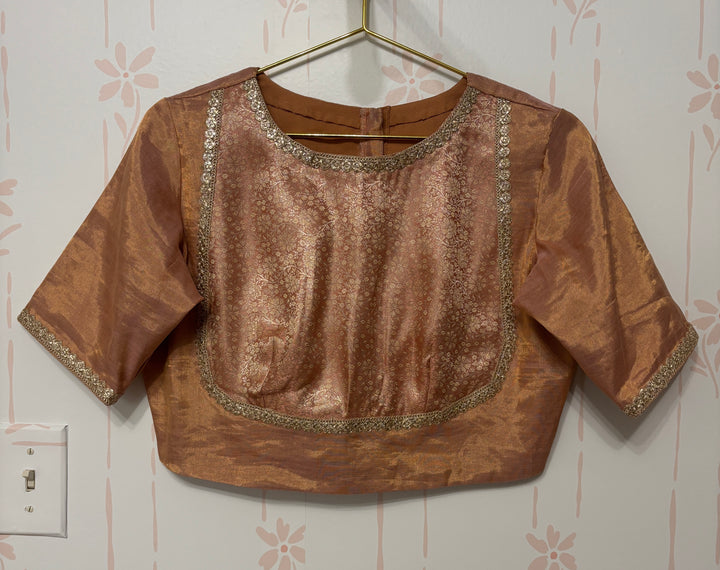 Pink/Gold Chanderi tissue Saree and Blouse Set