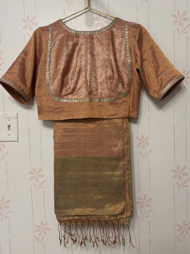 Pink/Gold Chanderi tissue Saree and Blouse Set
