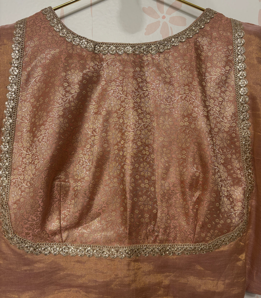 Pink/Gold Chanderi tissue Saree and Blouse Set