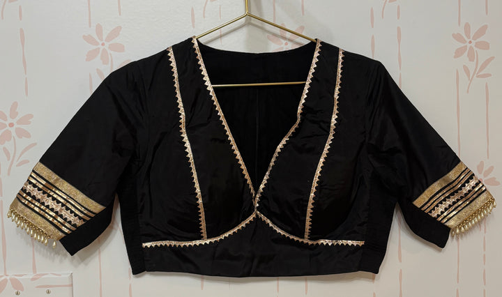 Black plunging V Gota Work adjustable Blouse with beads embellished