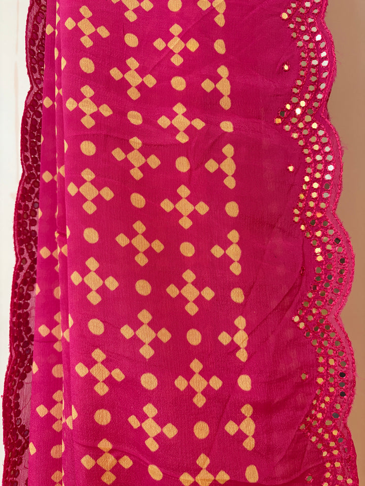 Magenta pink Bandhini print mirror work  Chinon silk saree and blouse set
