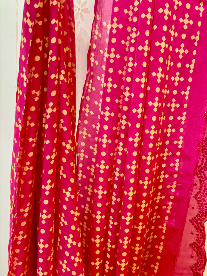 Magenta pink Bandhini print mirror work  Chinon silk saree and blouse set
