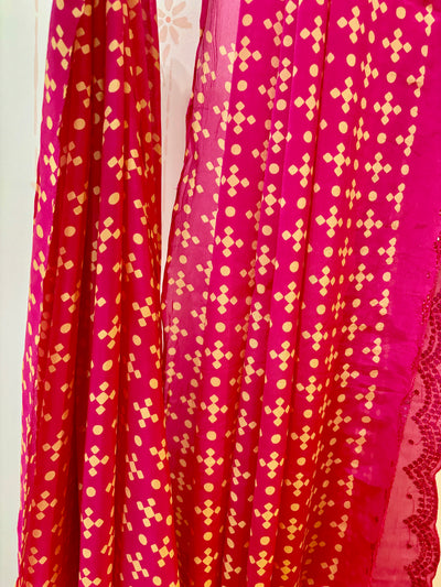 Magenta pink Bandhini print mirror work  Chinon silk saree and blouse set