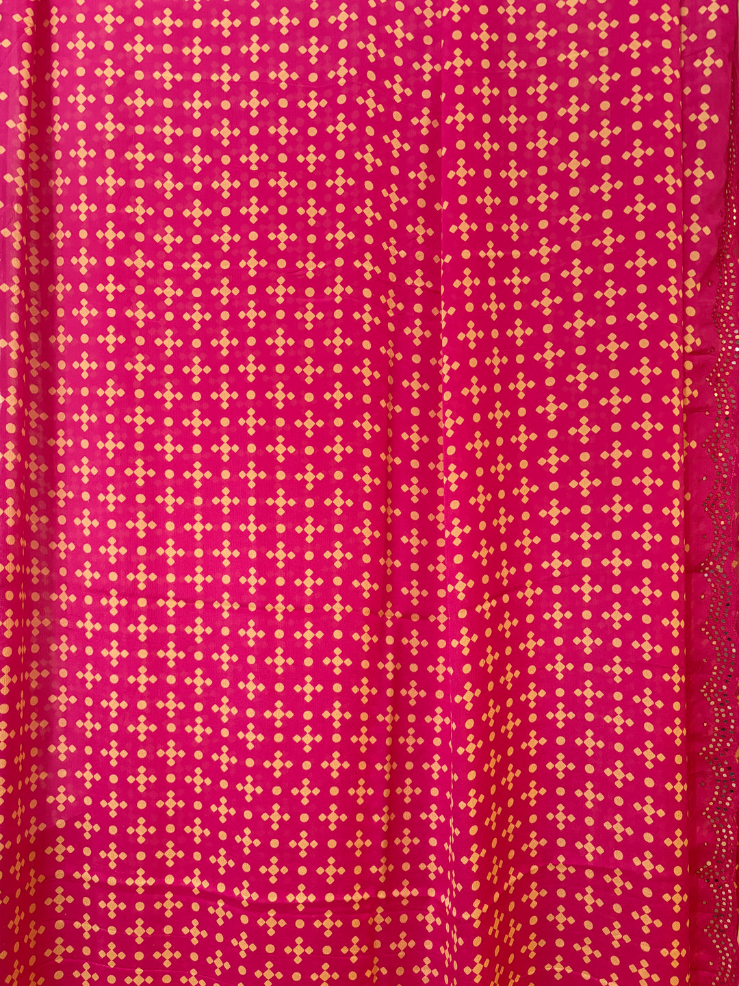 Magenta pink Bandhini print mirror work  Chinon silk saree and blouse set