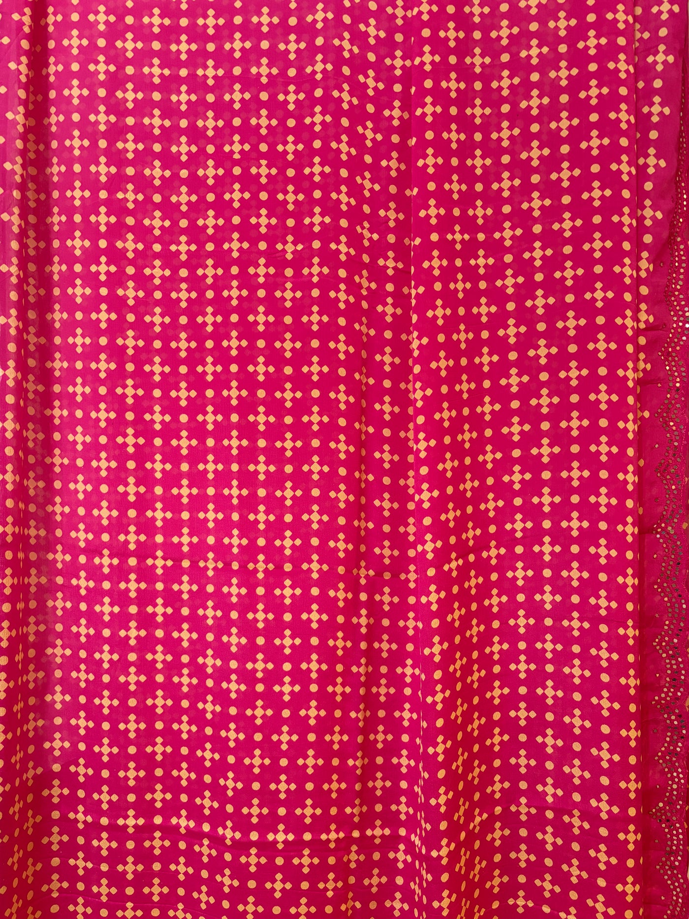 Magenta pink Bandhini print mirror work  Chinon silk saree and blouse set
