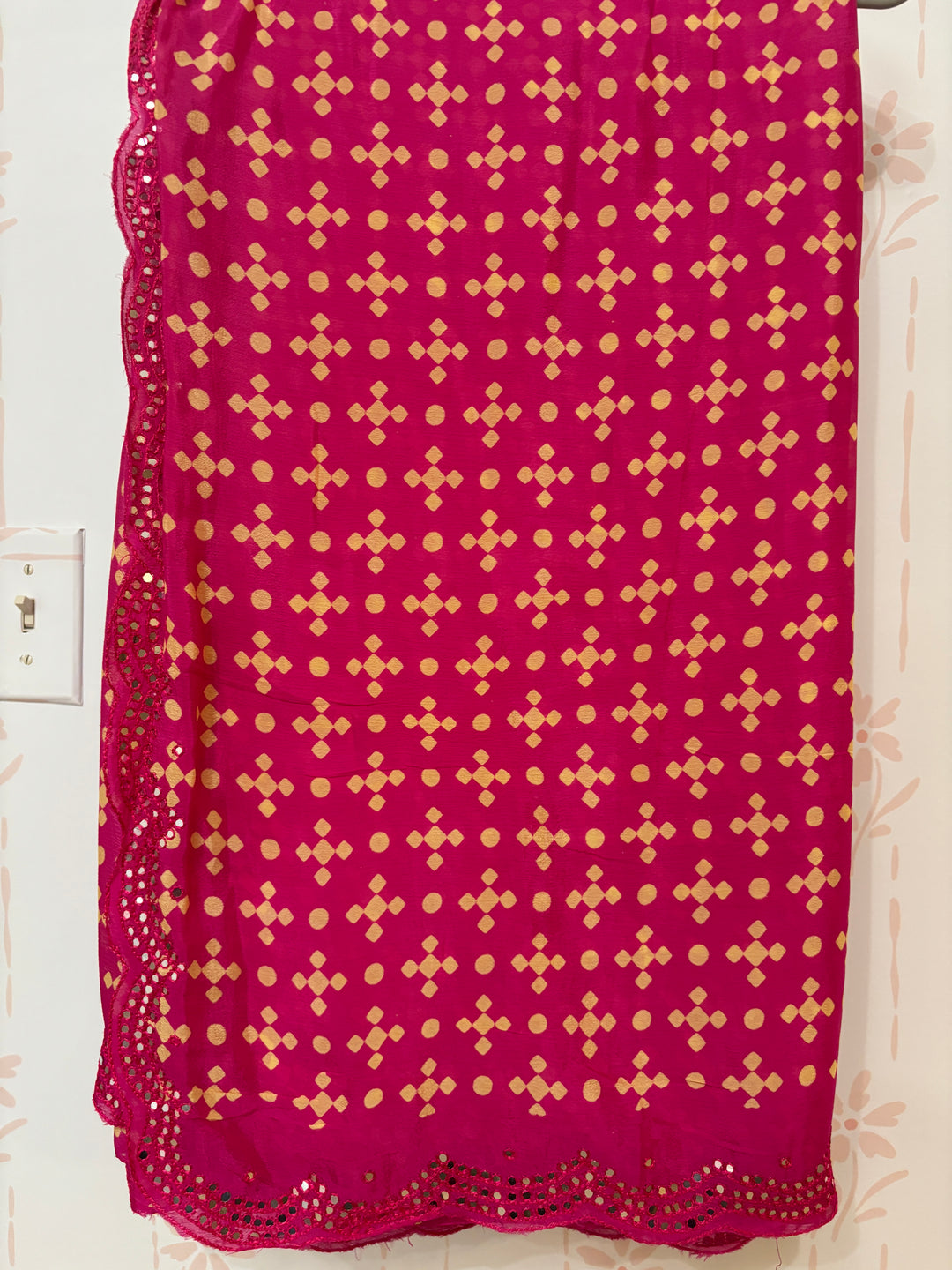 Magenta pink Bandhini print mirror work  Chinon silk saree and blouse set