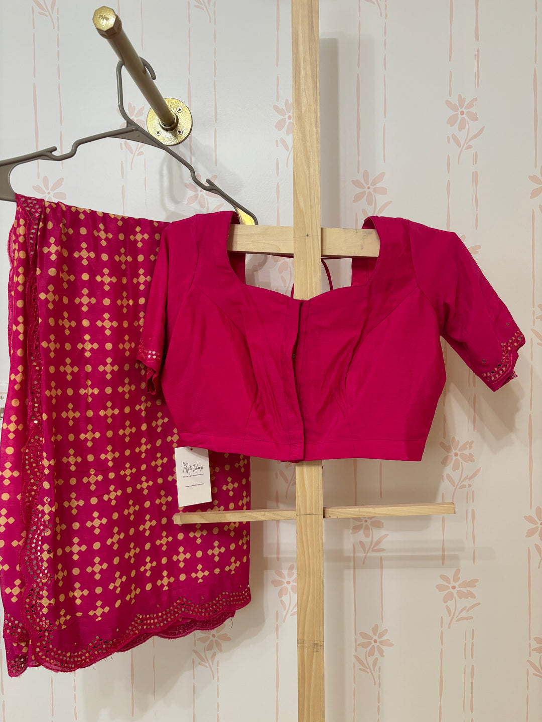 Magenta pink Bandhini print mirror work  Chinon silk saree and blouse set