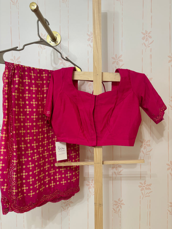 Magenta pink Bandhini print mirror work  Chinon silk saree and blouse set