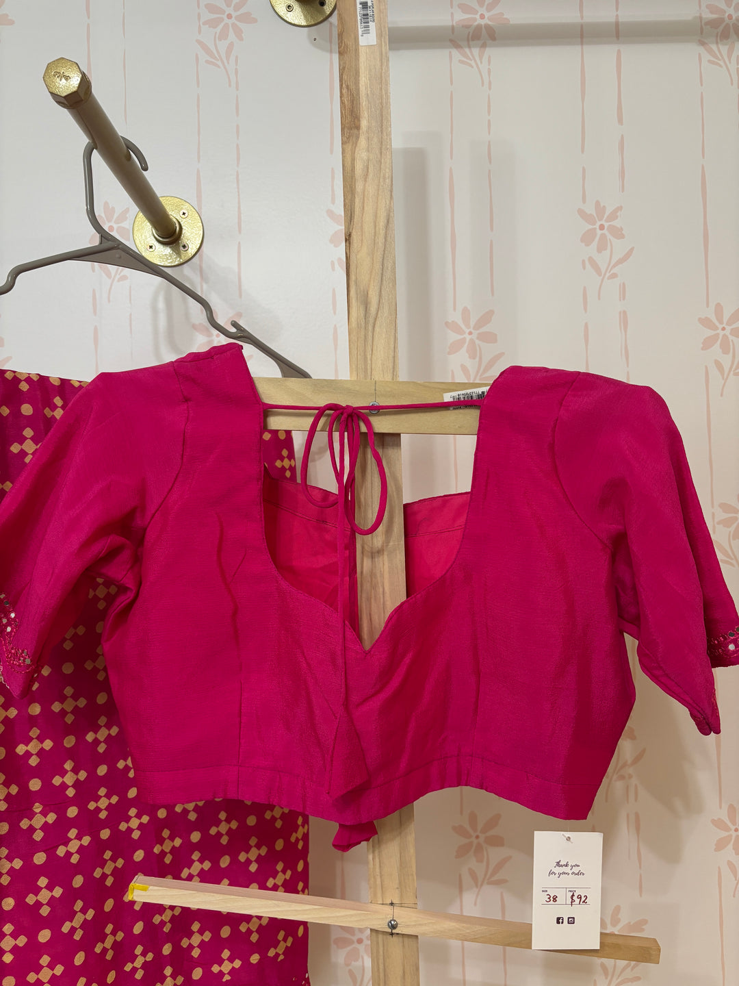 Magenta pink Bandhini print mirror work  Chinon silk saree and blouse set