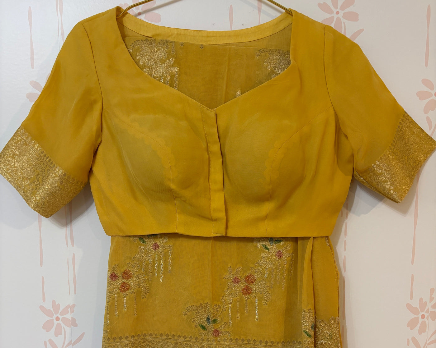 Yellow georgette Silk Saree with minakari work