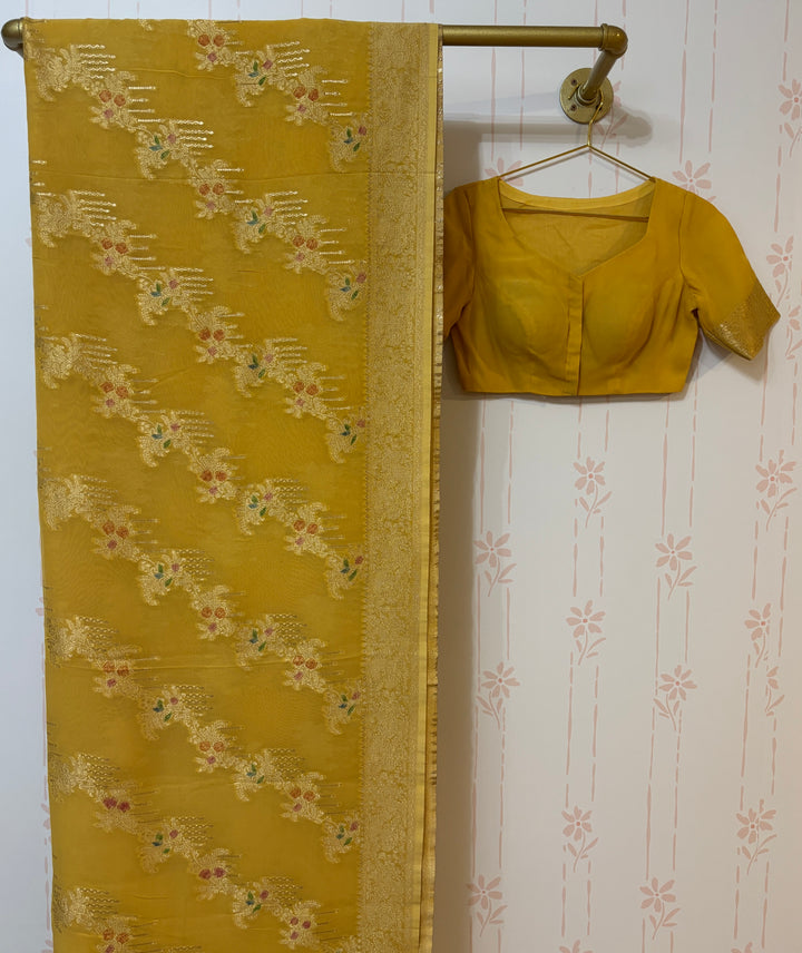 Yellow georgette Silk Saree with minakari work