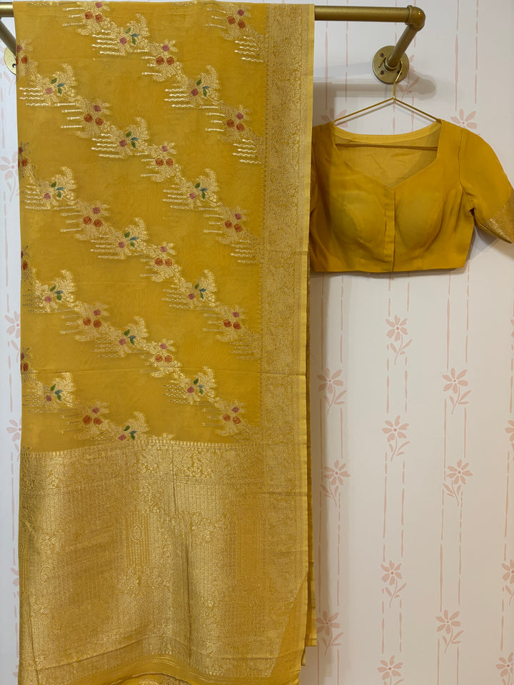 Yellow georgette Silk Saree with minakari work