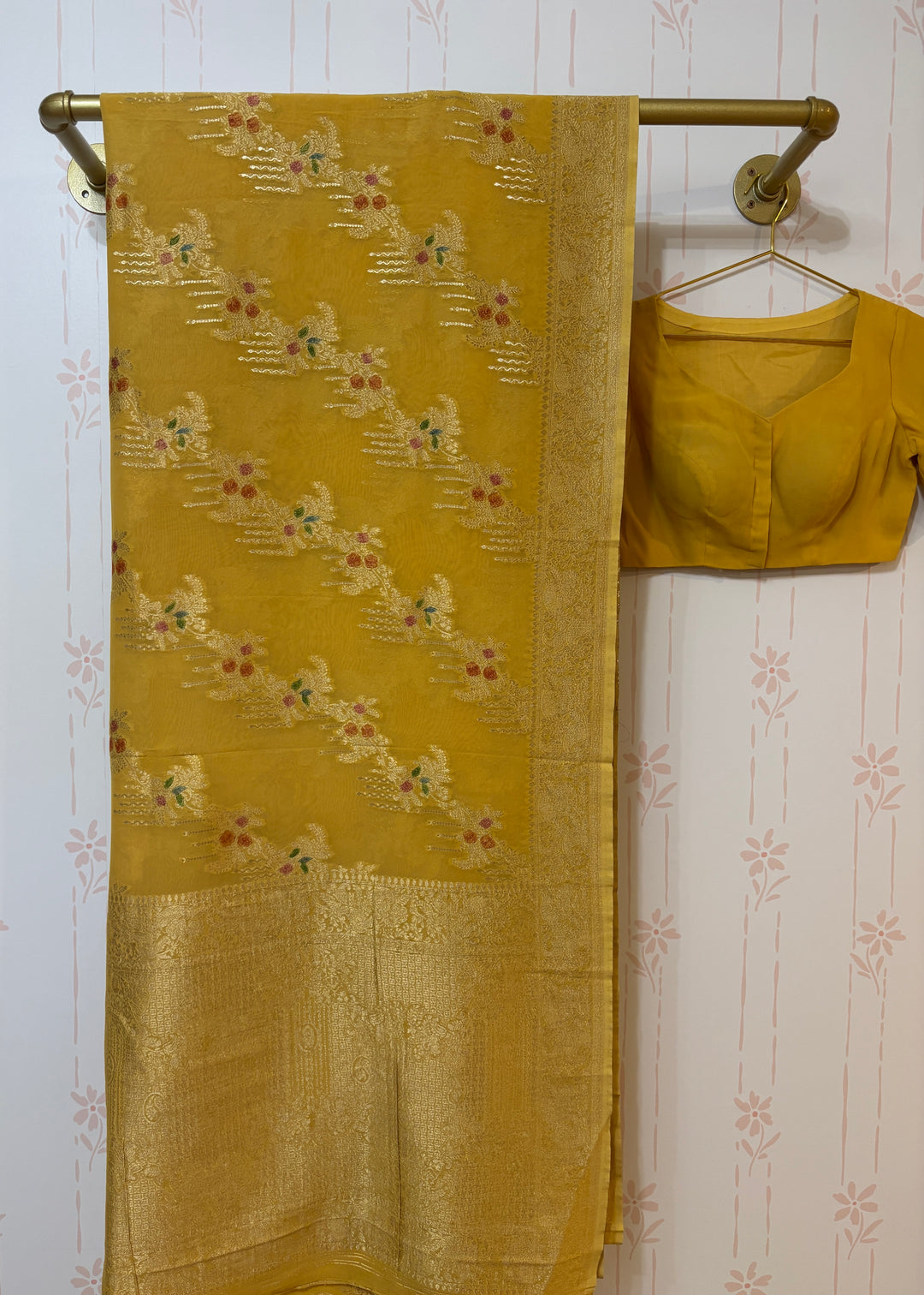 Yellow georgette Silk Saree with minakari work